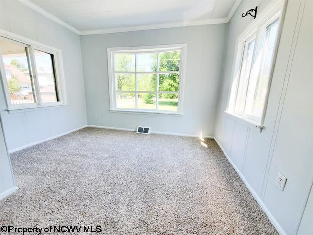 unfurnished room with ornamental molding and carpet