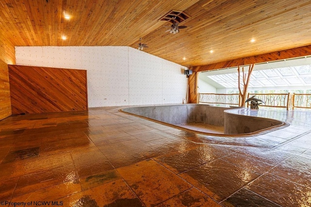 interior space with recessed lighting, wooden ceiling, and vaulted ceiling