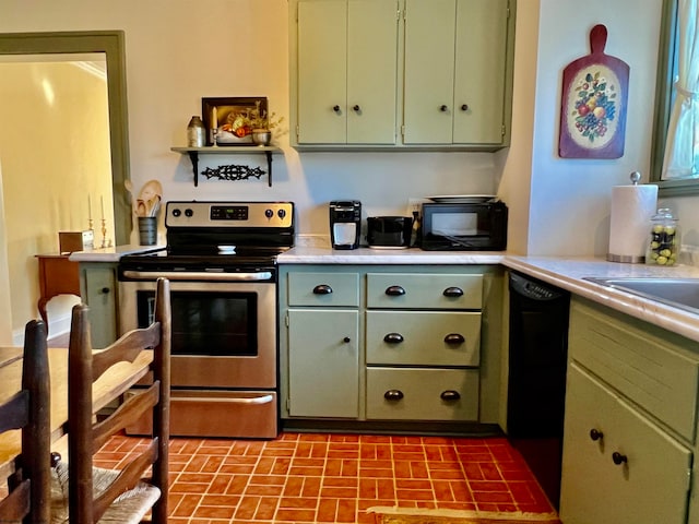 kitchen featuring black dishwasher, sink, stainless steel electric range oven, and green cabinets