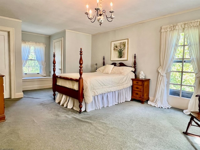 carpeted bedroom featuring ornamental molding and a notable chandelier