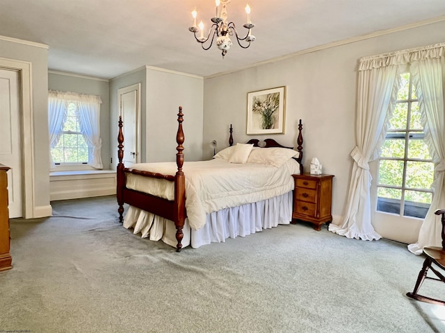 bedroom with a chandelier, multiple windows, crown molding, and carpet