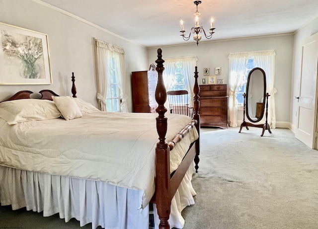 carpeted bedroom with an inviting chandelier and ornamental molding