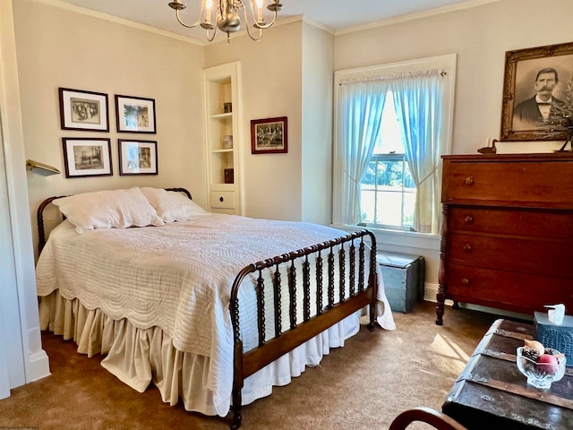 carpeted bedroom featuring crown molding and a notable chandelier