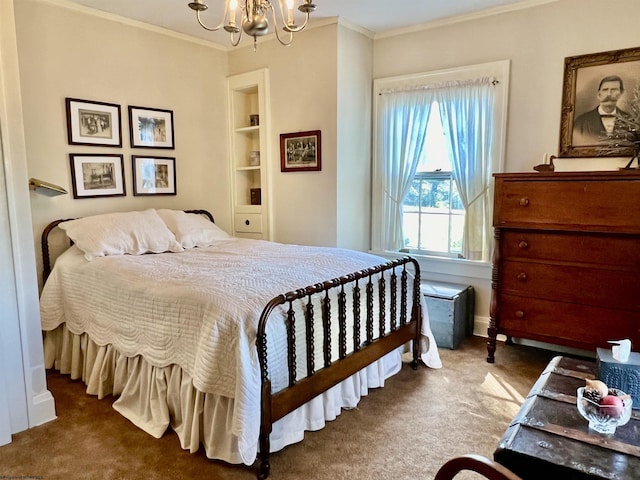 bedroom featuring a chandelier, ornamental molding, baseboards, and carpet floors