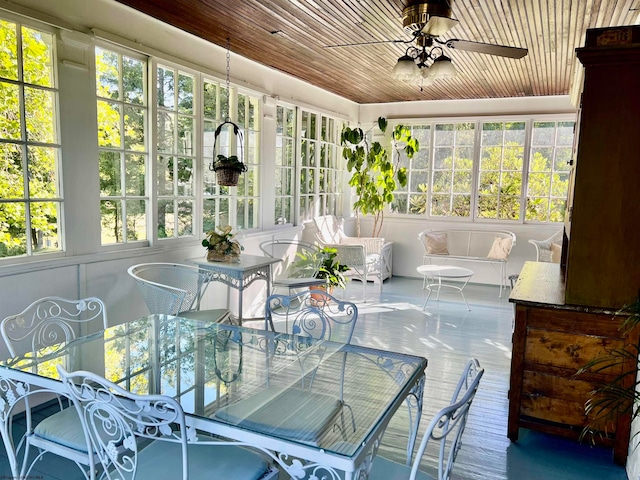 sunroom featuring wooden ceiling, plenty of natural light, and ceiling fan