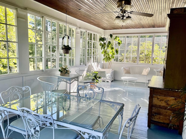 sunroom with wood ceiling, plenty of natural light, and a ceiling fan