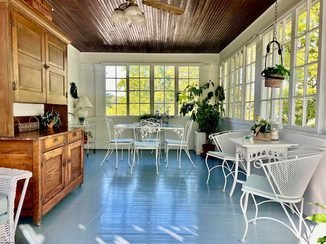 sunroom featuring wood ceiling and ceiling fan