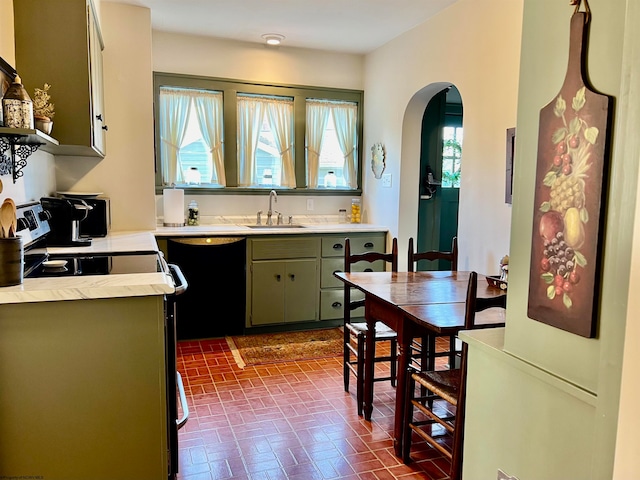 kitchen with black dishwasher, range with electric stovetop, sink, and green cabinetry