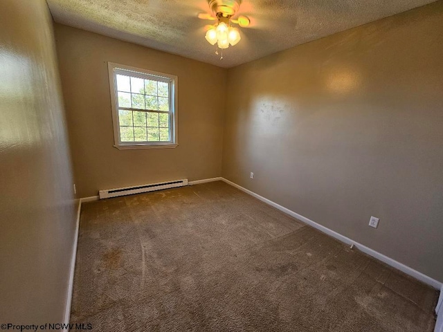 unfurnished room with carpet flooring, a textured ceiling, and a baseboard radiator