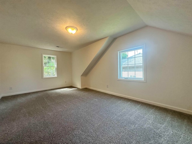 bonus room with a textured ceiling, vaulted ceiling, and carpet floors