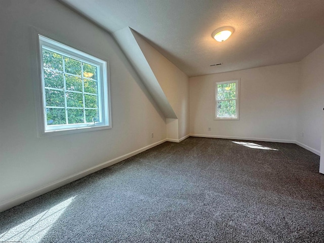 bonus room with a textured ceiling, carpet flooring, and lofted ceiling