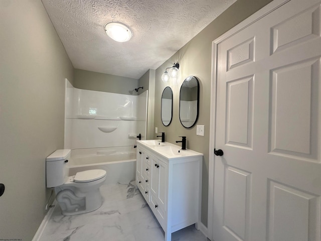 full bathroom with toilet,  shower combination, a textured ceiling, and vanity