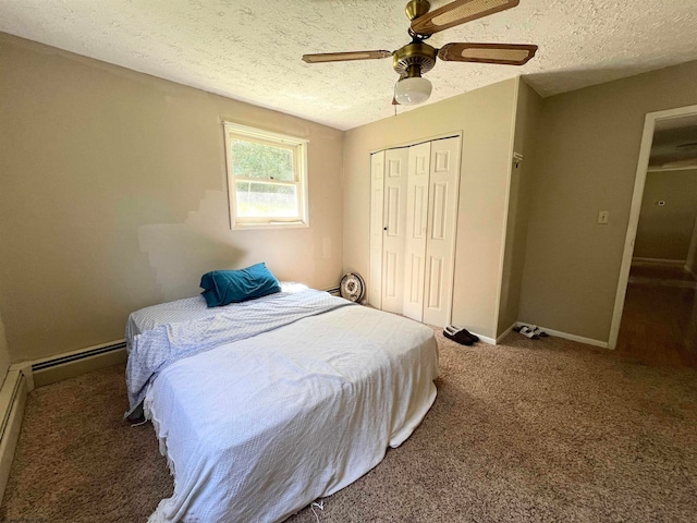 bedroom with carpet flooring, a closet, ceiling fan, and a textured ceiling