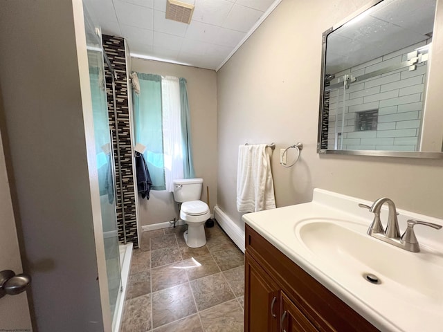 bathroom with a baseboard heating unit, vanity, toilet, and a shower