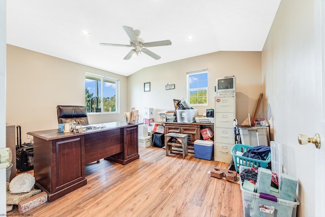 office area featuring lofted ceiling, ceiling fan, and light hardwood / wood-style floors