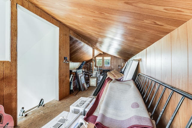 additional living space featuring lofted ceiling, light colored carpet, wood walls, and wood ceiling