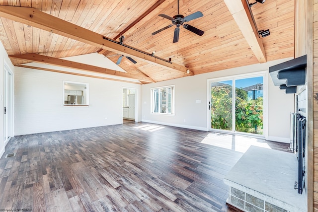 unfurnished living room with dark wood-style flooring, baseboards, wood ceiling, ceiling fan, and vaulted ceiling with beams