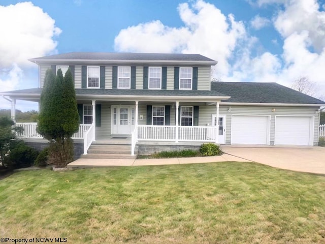 view of front facade featuring a garage, a front lawn, and a porch