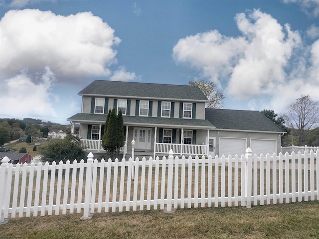 colonial inspired home with covered porch and a garage