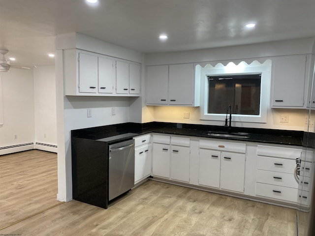 kitchen featuring stainless steel dishwasher, sink, white cabinetry, and light wood-type flooring