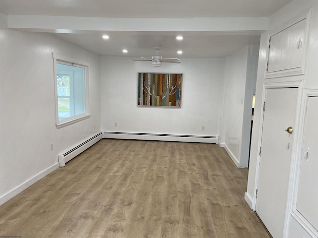 interior space featuring a baseboard radiator, light wood-type flooring, and ceiling fan