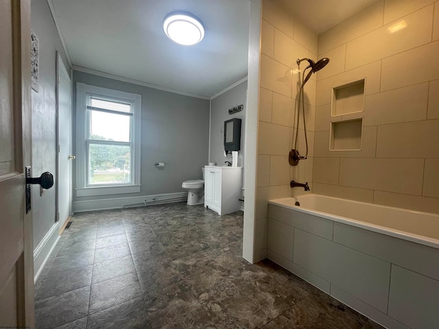 full bathroom with crown molding, vanity, toilet, and tiled shower / bath