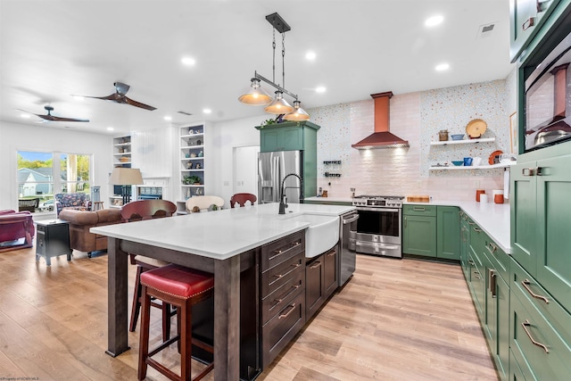 kitchen featuring decorative backsplash, stainless steel appliances, ceiling fan, premium range hood, and sink