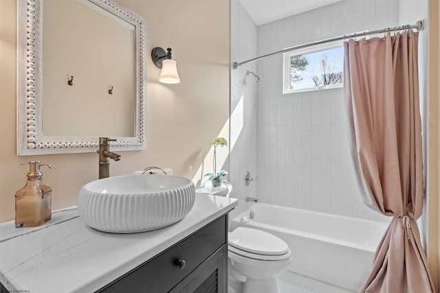 full bathroom featuring vanity, shower / tub combo, toilet, and tile patterned floors