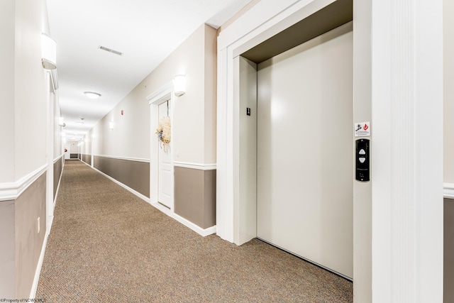 hall featuring carpet flooring and elevator