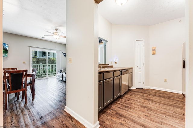 kitchen with ceiling fan, dishwasher, and dark hardwood / wood-style floors