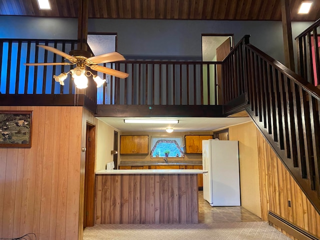 interior space featuring sink, a baseboard radiator, wooden walls, carpet, and ceiling fan