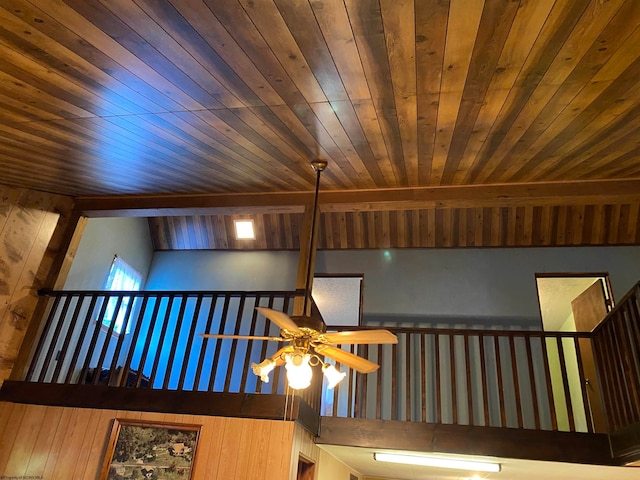 details with wooden ceiling, beamed ceiling, and ceiling fan