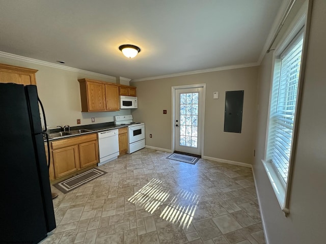 kitchen with white appliances, crown molding, electric panel, and sink