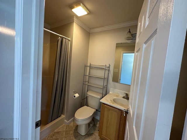 bathroom with vanity, a shower with shower curtain, ornamental molding, toilet, and tile patterned floors