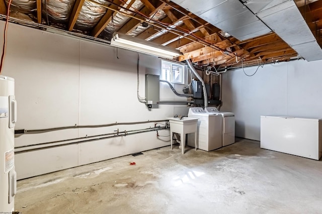 basement with water heater, independent washer and dryer, and sink