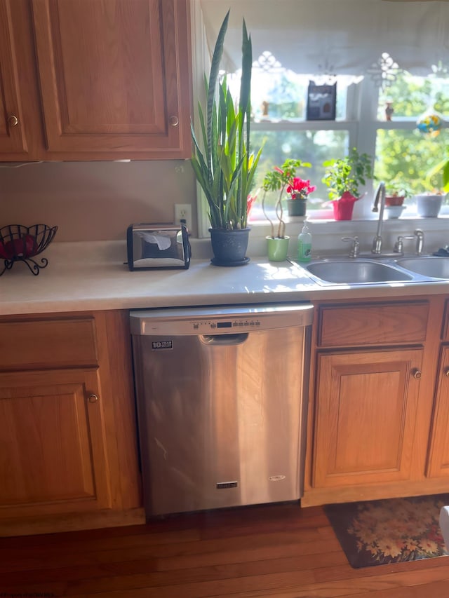 kitchen with stainless steel dishwasher, sink, and dark wood-type flooring