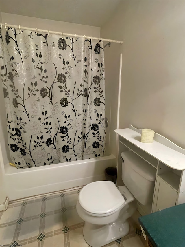 full bathroom with vanity, tile patterned flooring, toilet, and shower / bathtub combination with curtain