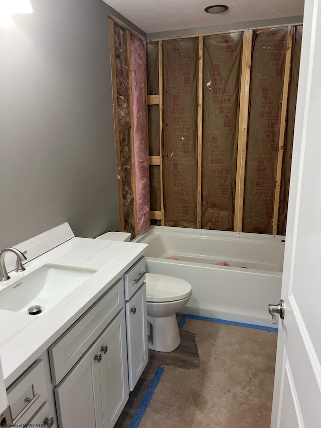 full bathroom featuring a textured ceiling, bath / shower combo with glass door, concrete floors, vanity, and toilet