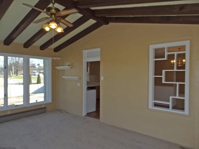 interior space with ceiling fan with notable chandelier, a baseboard heating unit, vaulted ceiling with beams, and carpet flooring