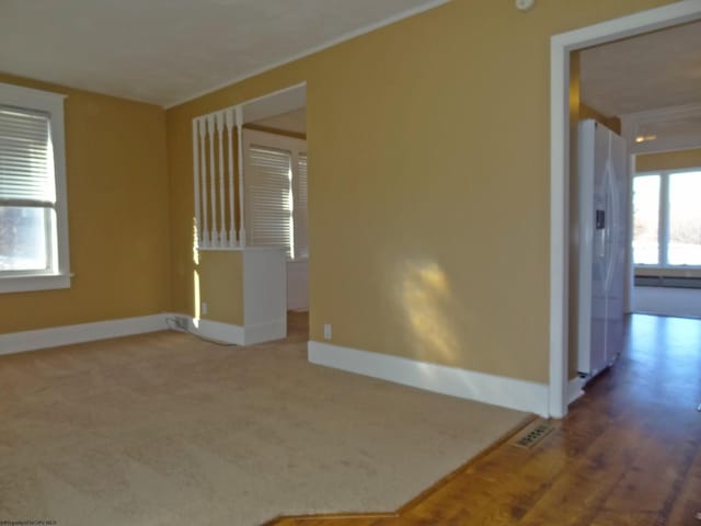 spare room with wood-type flooring and ornamental molding