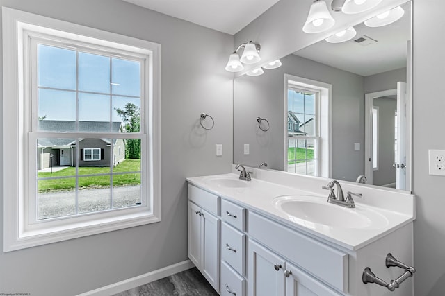 bathroom with a healthy amount of sunlight, vanity, and wood-type flooring