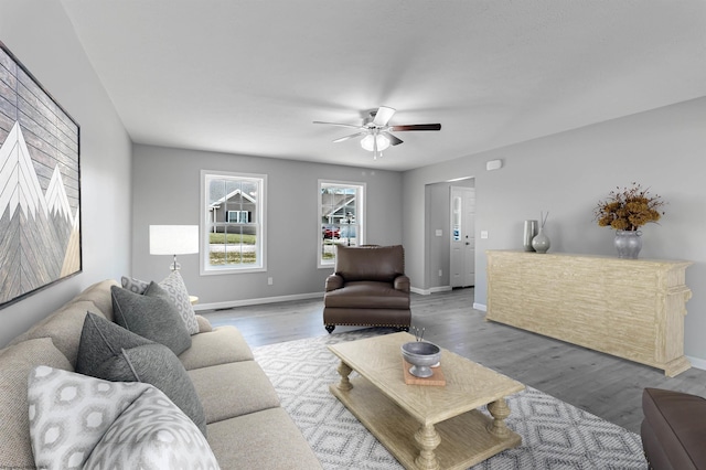 living room with ceiling fan and wood-type flooring