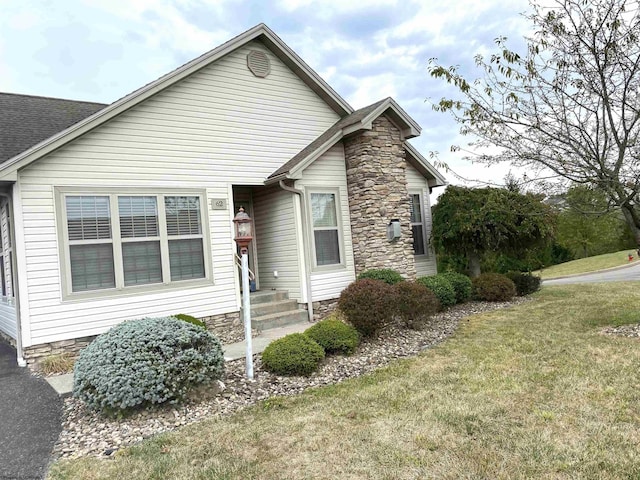 view of front of house with a front lawn and stone siding