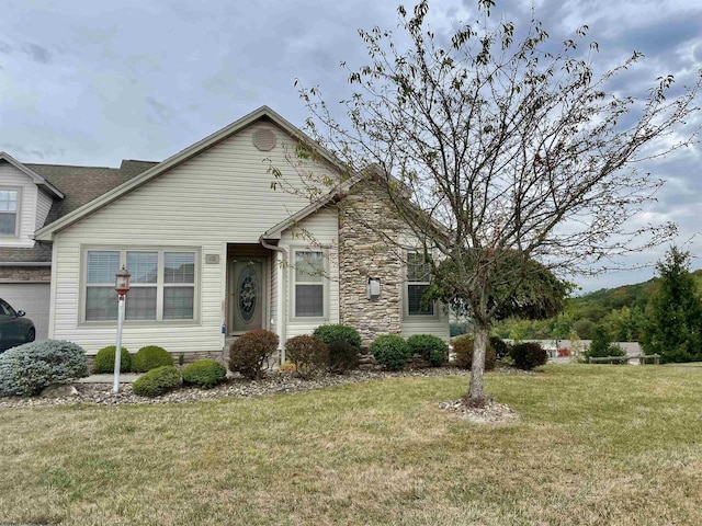 view of front of house featuring a front lawn and stone siding