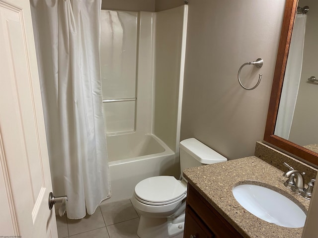 full bathroom with shower / bath combo with shower curtain, tile patterned floors, vanity, and toilet