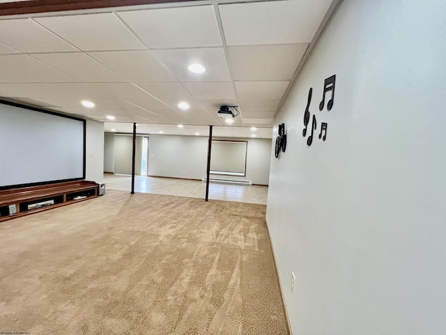 cinema featuring baseboards, recessed lighting, carpet, and a paneled ceiling