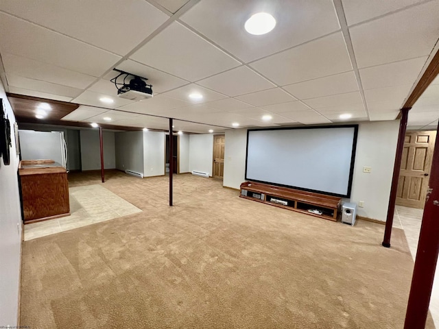 carpeted cinema featuring recessed lighting, a paneled ceiling, and baseboards