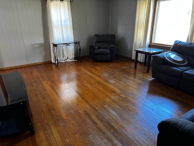 living room featuring wood walls and hardwood / wood-style floors