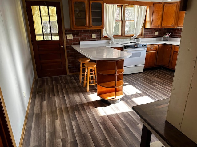 kitchen featuring kitchen peninsula, tasteful backsplash, white stove, a kitchen bar, and dark hardwood / wood-style flooring