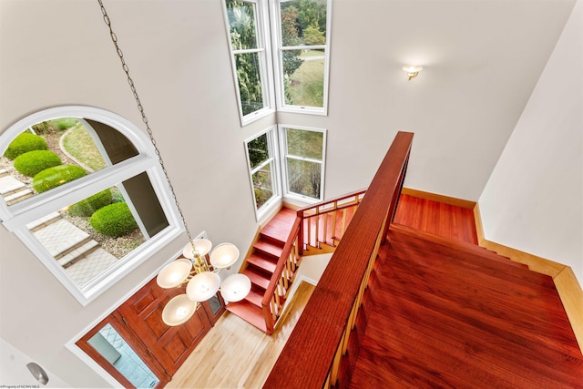 stairs featuring an inviting chandelier, a towering ceiling, hardwood / wood-style flooring, and a healthy amount of sunlight